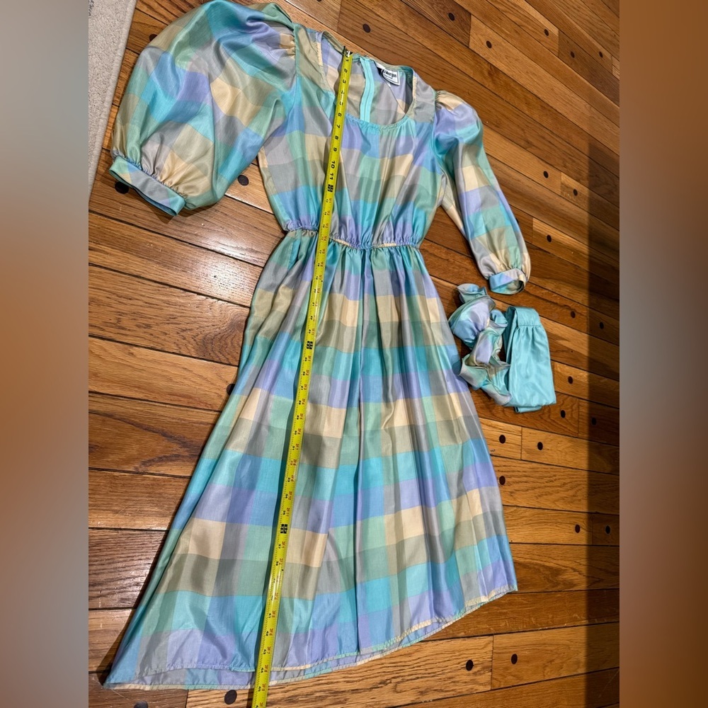 1980’s Donna Morgan Pastel Checkered Designer Cocktail Dress w/ Ruffle Collar - Picture 12 of 12